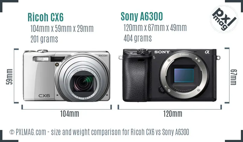 Ricoh CX6 vs Sony A6300 size comparison