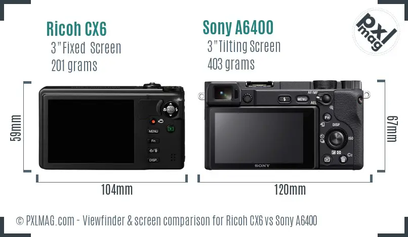 Ricoh CX6 vs Sony A6400 Screen and Viewfinder comparison