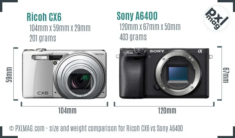 Ricoh CX6 vs Sony A6400 size comparison