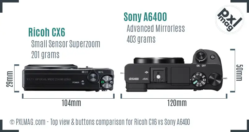 Ricoh CX6 vs Sony A6400 top view buttons comparison