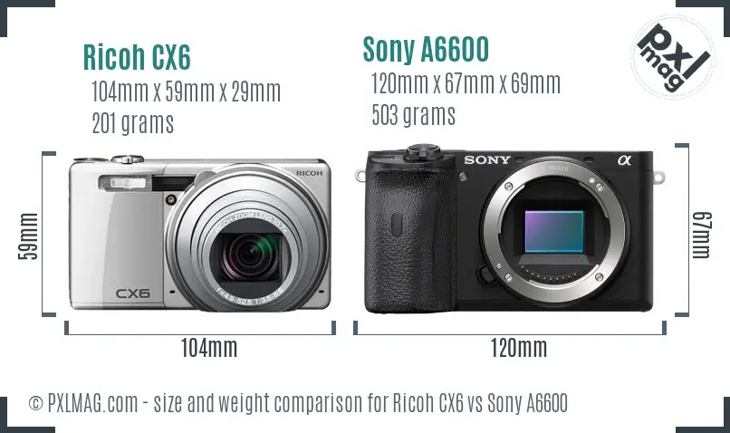 Ricoh CX6 vs Sony A6600 size comparison