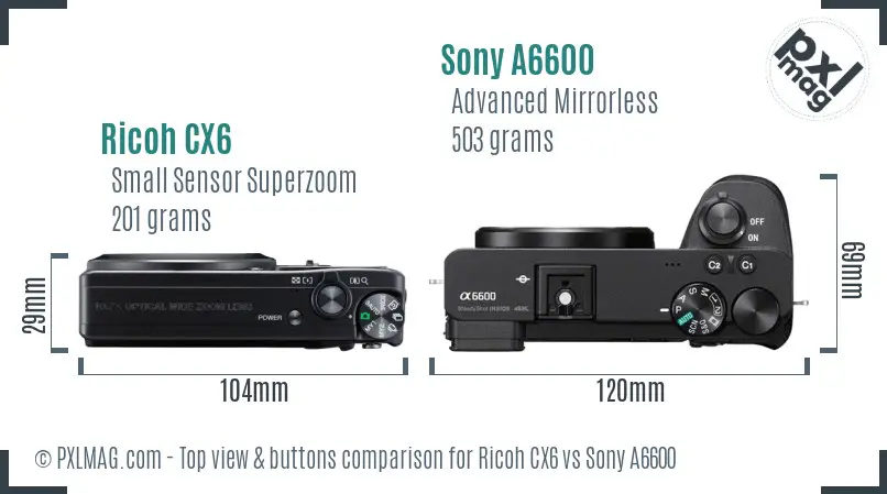 Ricoh CX6 vs Sony A6600 top view buttons comparison