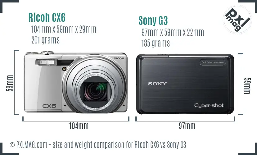 Ricoh CX6 vs Sony G3 size comparison