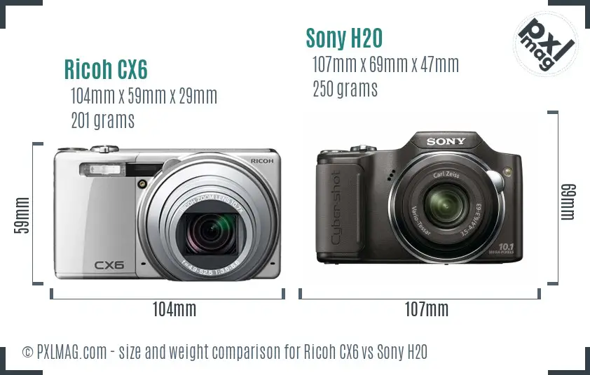 Ricoh CX6 vs Sony H20 size comparison