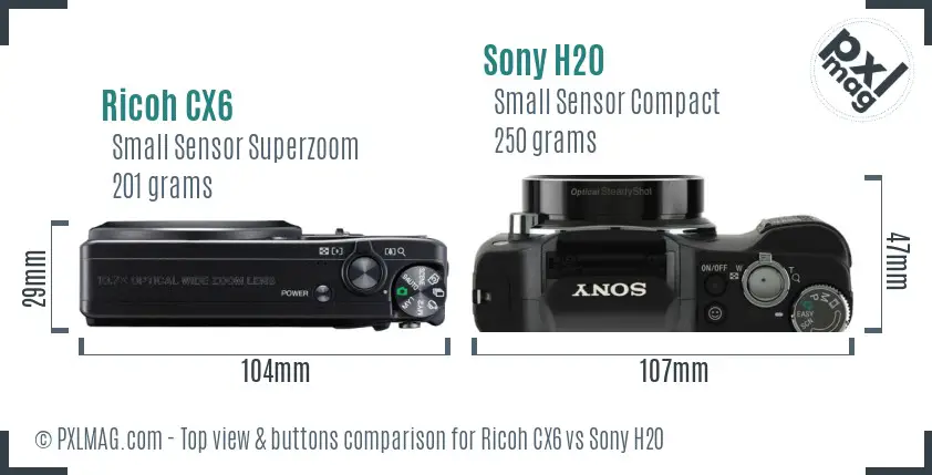 Ricoh CX6 vs Sony H20 top view buttons comparison