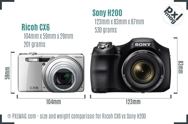 Ricoh CX6 vs Sony H200 size comparison