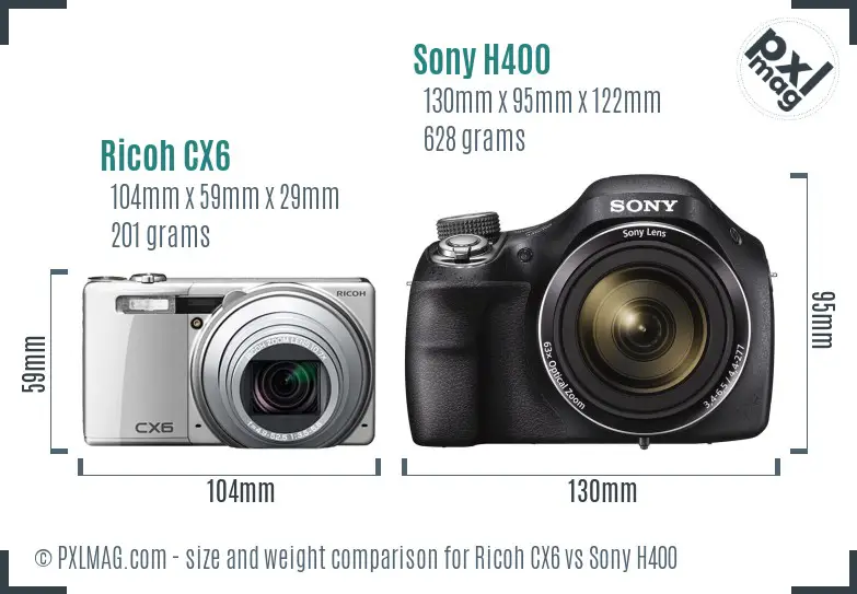 Ricoh CX6 vs Sony H400 size comparison