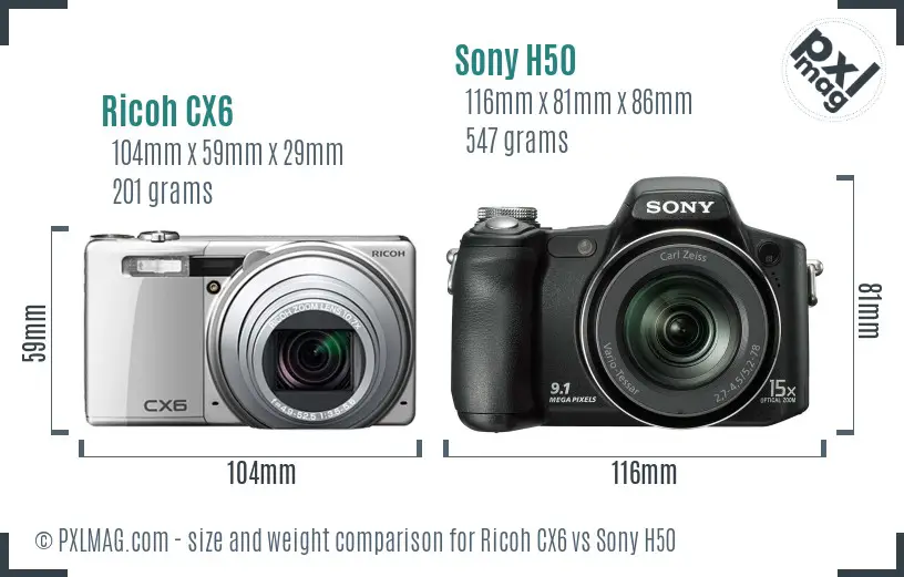 Ricoh CX6 vs Sony H50 size comparison