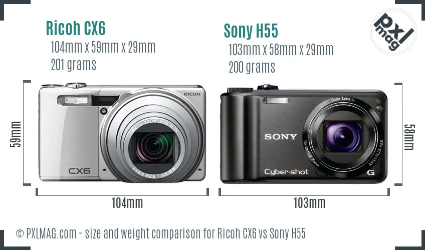 Ricoh CX6 vs Sony H55 size comparison