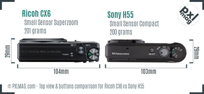 Ricoh CX6 vs Sony H55 top view buttons comparison