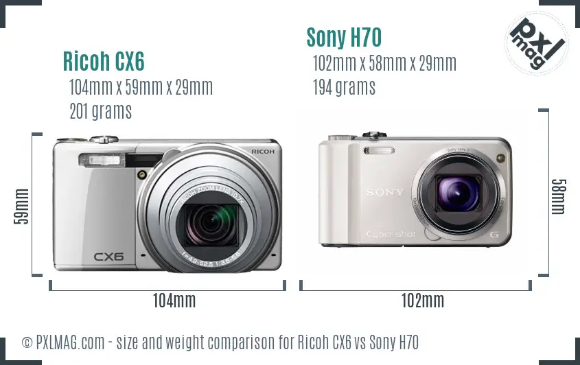 Ricoh CX6 vs Sony H70 size comparison