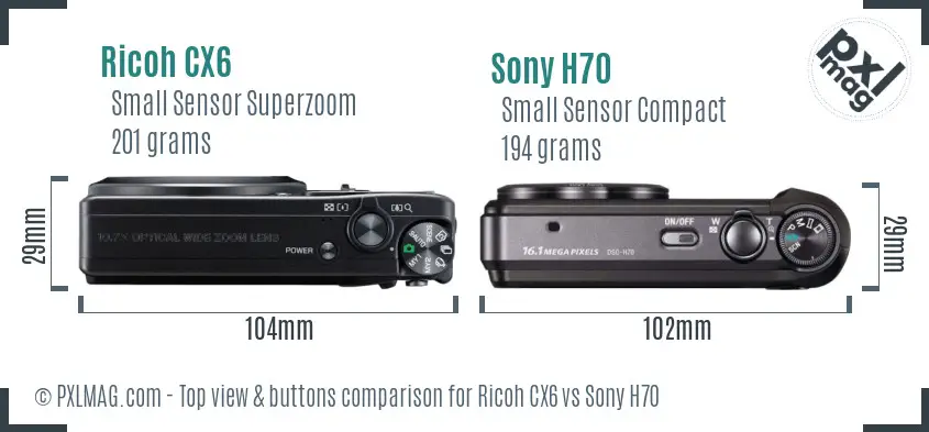 Ricoh CX6 vs Sony H70 top view buttons comparison
