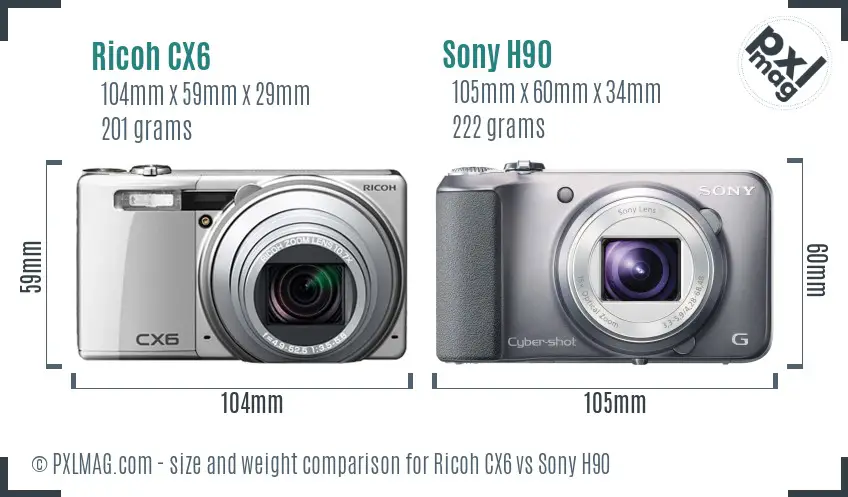 Ricoh CX6 vs Sony H90 size comparison