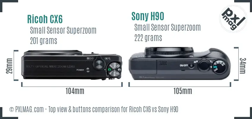 Ricoh CX6 vs Sony H90 top view buttons comparison