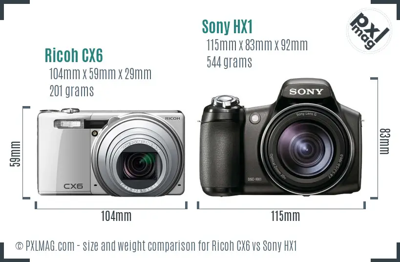 Ricoh CX6 vs Sony HX1 size comparison