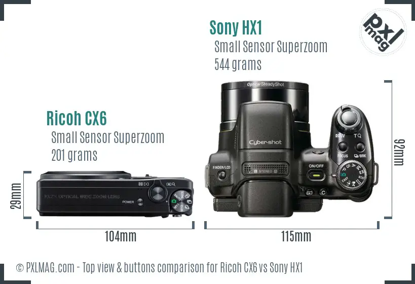 Ricoh CX6 vs Sony HX1 top view buttons comparison