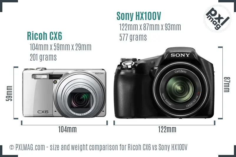 Ricoh CX6 vs Sony HX100V size comparison