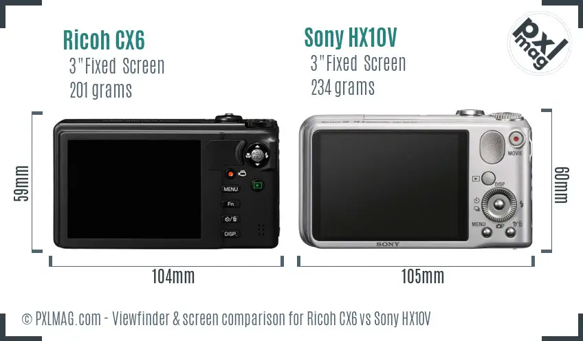 Ricoh CX6 vs Sony HX10V Screen and Viewfinder comparison