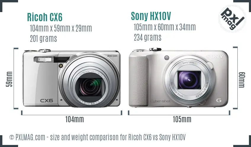 Ricoh CX6 vs Sony HX10V size comparison