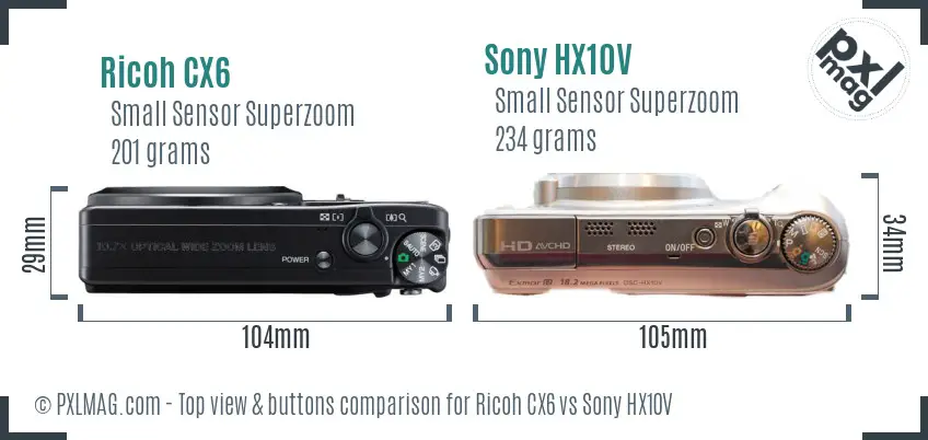 Ricoh CX6 vs Sony HX10V top view buttons comparison