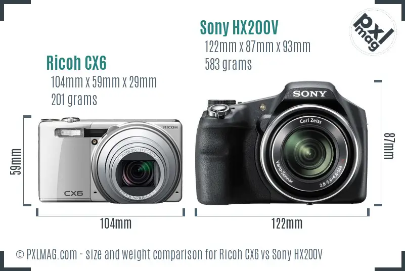 Ricoh CX6 vs Sony HX200V size comparison