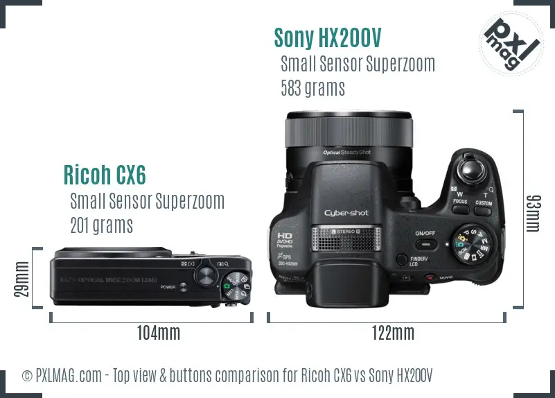 Ricoh CX6 vs Sony HX200V top view buttons comparison