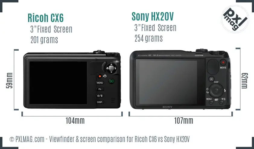 Ricoh CX6 vs Sony HX20V Screen and Viewfinder comparison