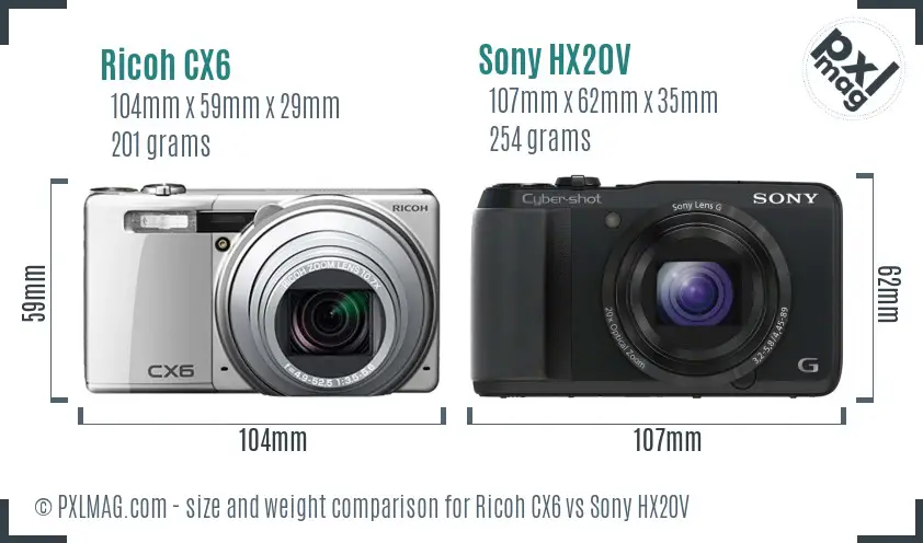 Ricoh CX6 vs Sony HX20V size comparison