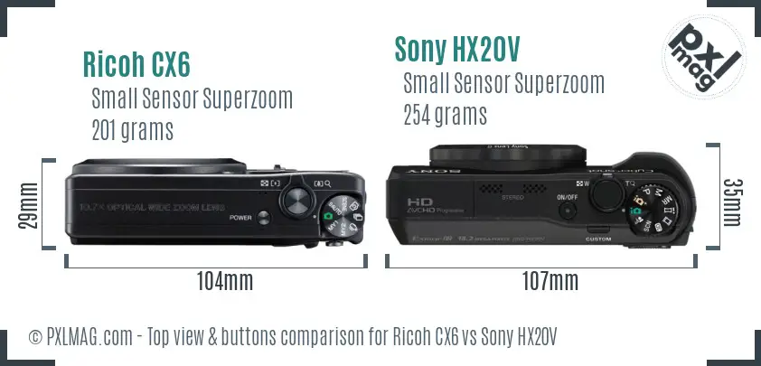 Ricoh CX6 vs Sony HX20V top view buttons comparison