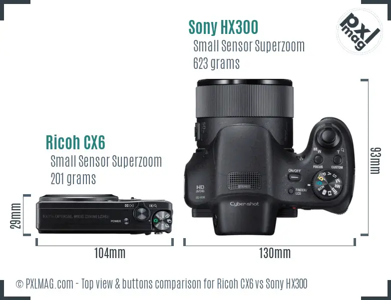 Ricoh CX6 vs Sony HX300 top view buttons comparison