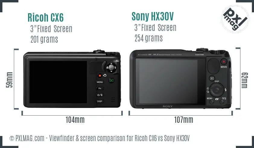 Ricoh CX6 vs Sony HX30V Screen and Viewfinder comparison