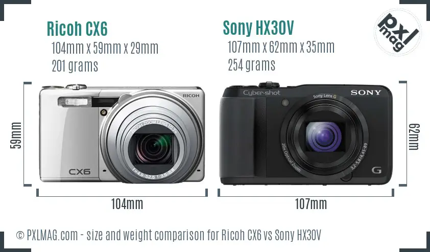 Ricoh CX6 vs Sony HX30V size comparison