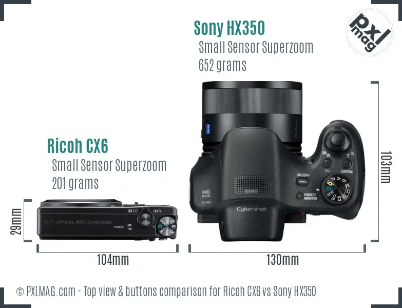 Ricoh CX6 vs Sony HX350 top view buttons comparison