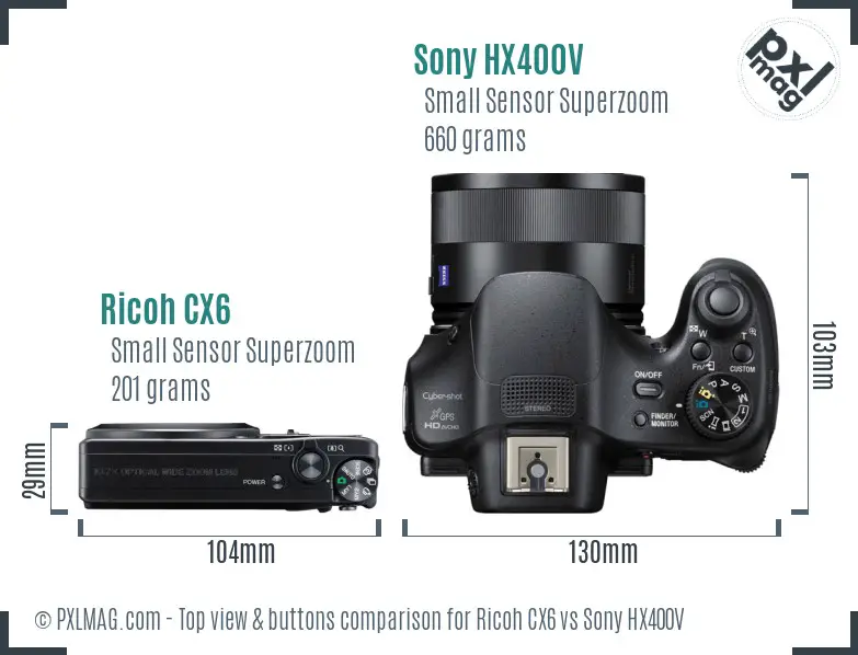 Ricoh CX6 vs Sony HX400V top view buttons comparison
