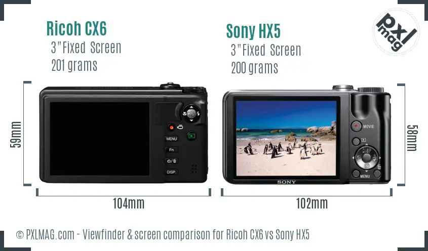 Ricoh CX6 vs Sony HX5 Screen and Viewfinder comparison