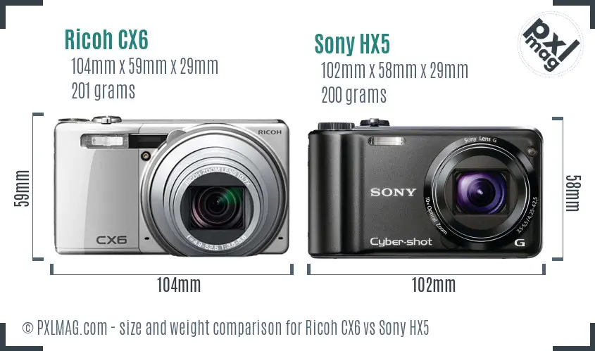 Ricoh CX6 vs Sony HX5 size comparison