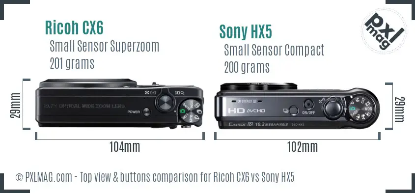 Ricoh CX6 vs Sony HX5 top view buttons comparison