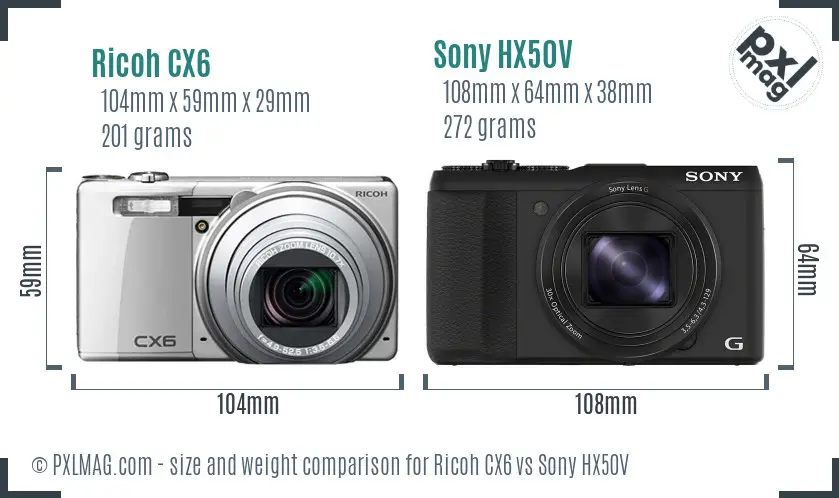 Ricoh CX6 vs Sony HX50V size comparison