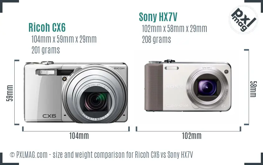 Ricoh CX6 vs Sony HX7V size comparison