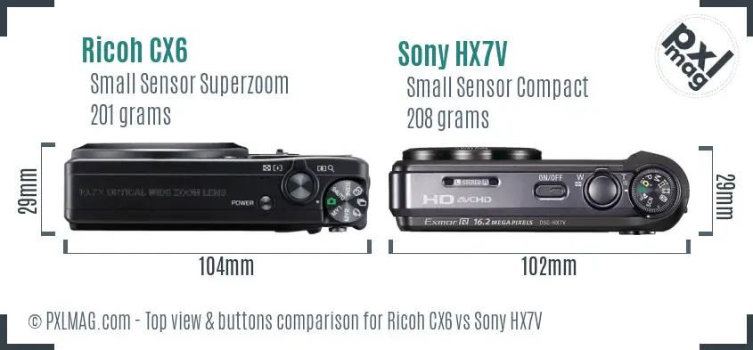 Ricoh CX6 vs Sony HX7V top view buttons comparison
