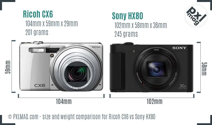 Ricoh CX6 vs Sony HX80 size comparison