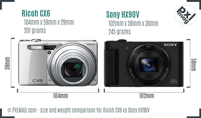 Ricoh CX6 vs Sony HX90V size comparison