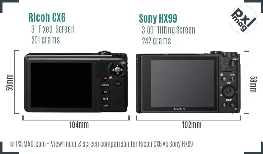Ricoh CX6 vs Sony HX99 Screen and Viewfinder comparison