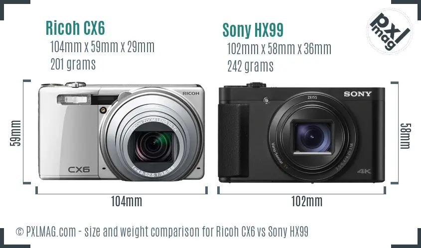 Ricoh CX6 vs Sony HX99 size comparison