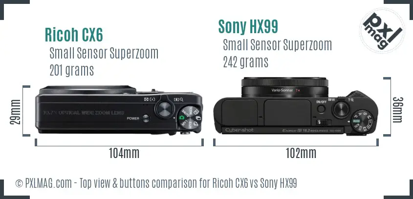 Ricoh CX6 vs Sony HX99 top view buttons comparison