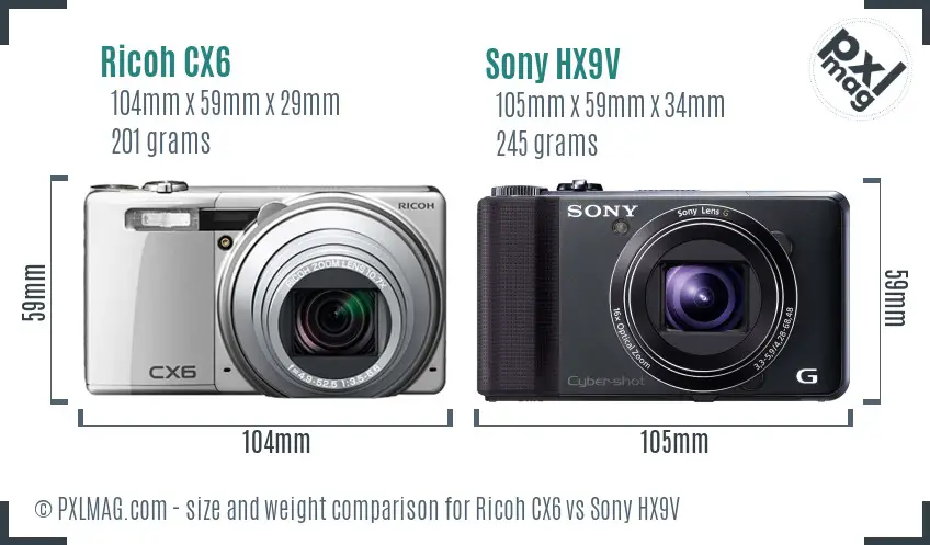 Ricoh CX6 vs Sony HX9V size comparison