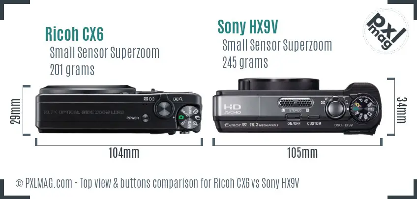 Ricoh CX6 vs Sony HX9V top view buttons comparison