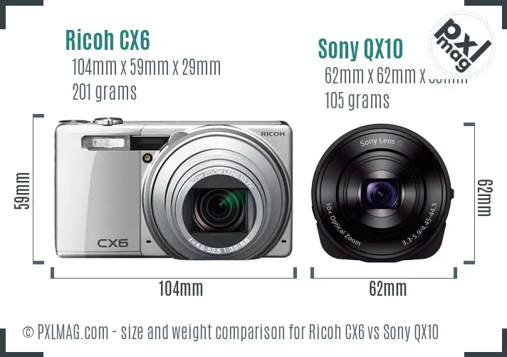 Ricoh CX6 vs Sony QX10 size comparison