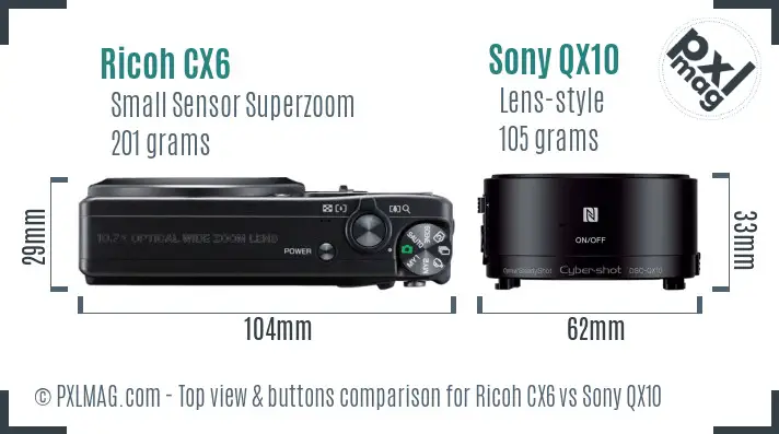 Ricoh CX6 vs Sony QX10 top view buttons comparison