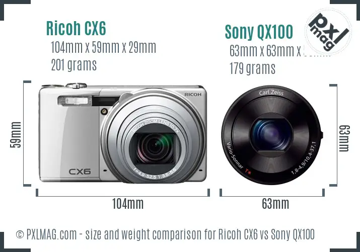 Ricoh CX6 vs Sony QX100 size comparison